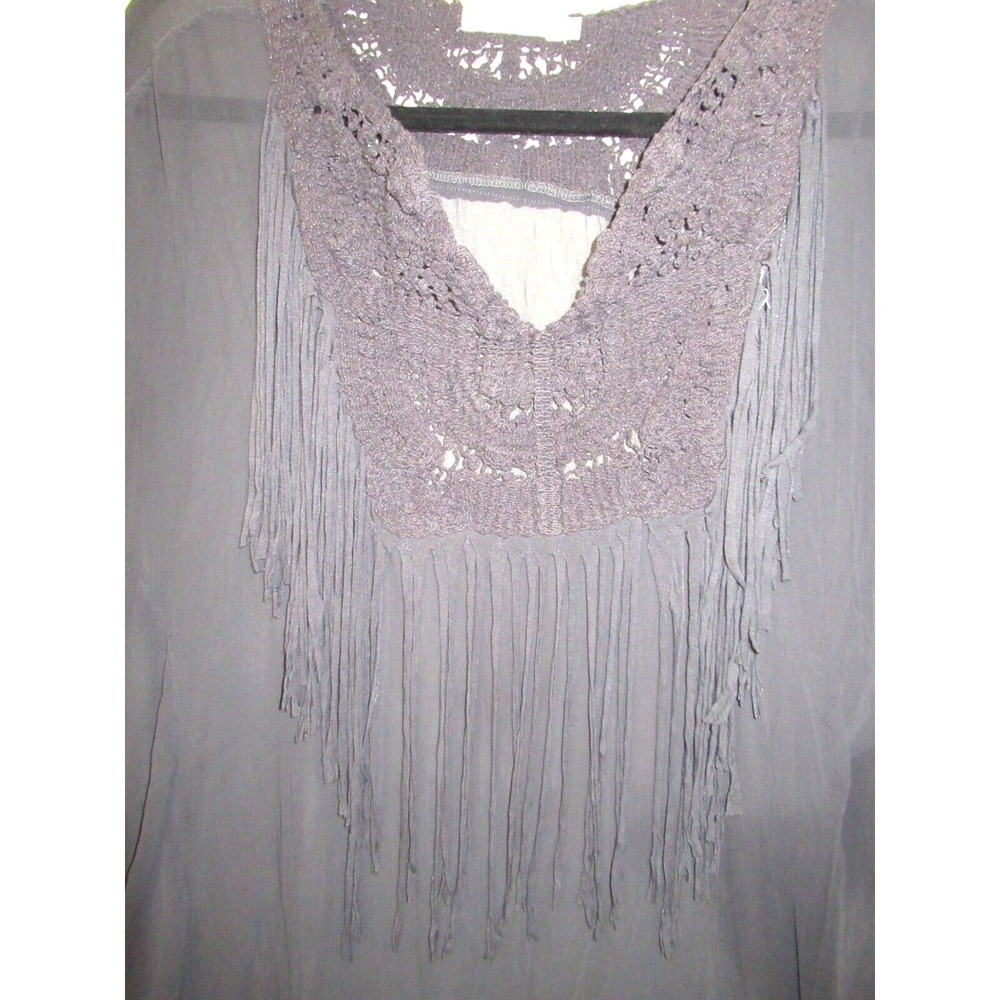 Monoreno Size Small Gray Sheer Fringe Tunic Top Swimsuit Cover-Up Boho Festival - Picture 2 of 6